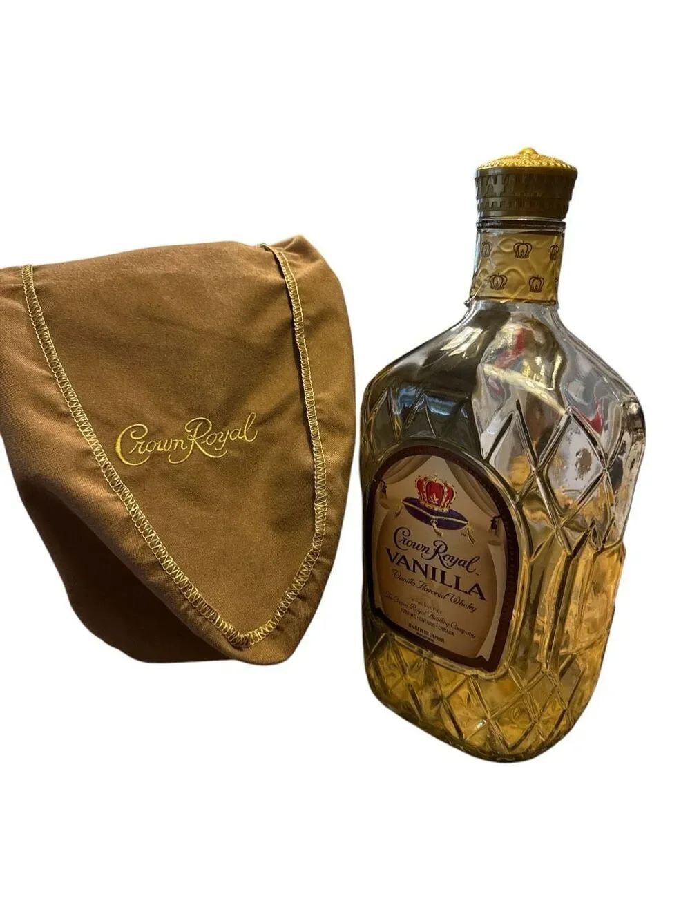 CROWN ROYAL VANILLA Empty Bottle & Bag 1.75 L Canada Whisky Embossed Glass
